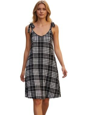 SHEIN Black and White Plaid Tie-Strap A-Line Dress